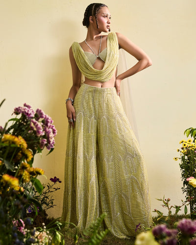 Mindaro Green Beaded Sharara With Cowl Blouse