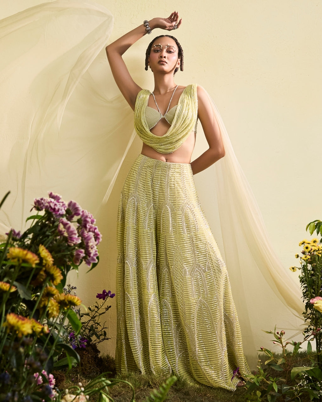 Mindaro Green Beaded Sharara With Cowl Blouse