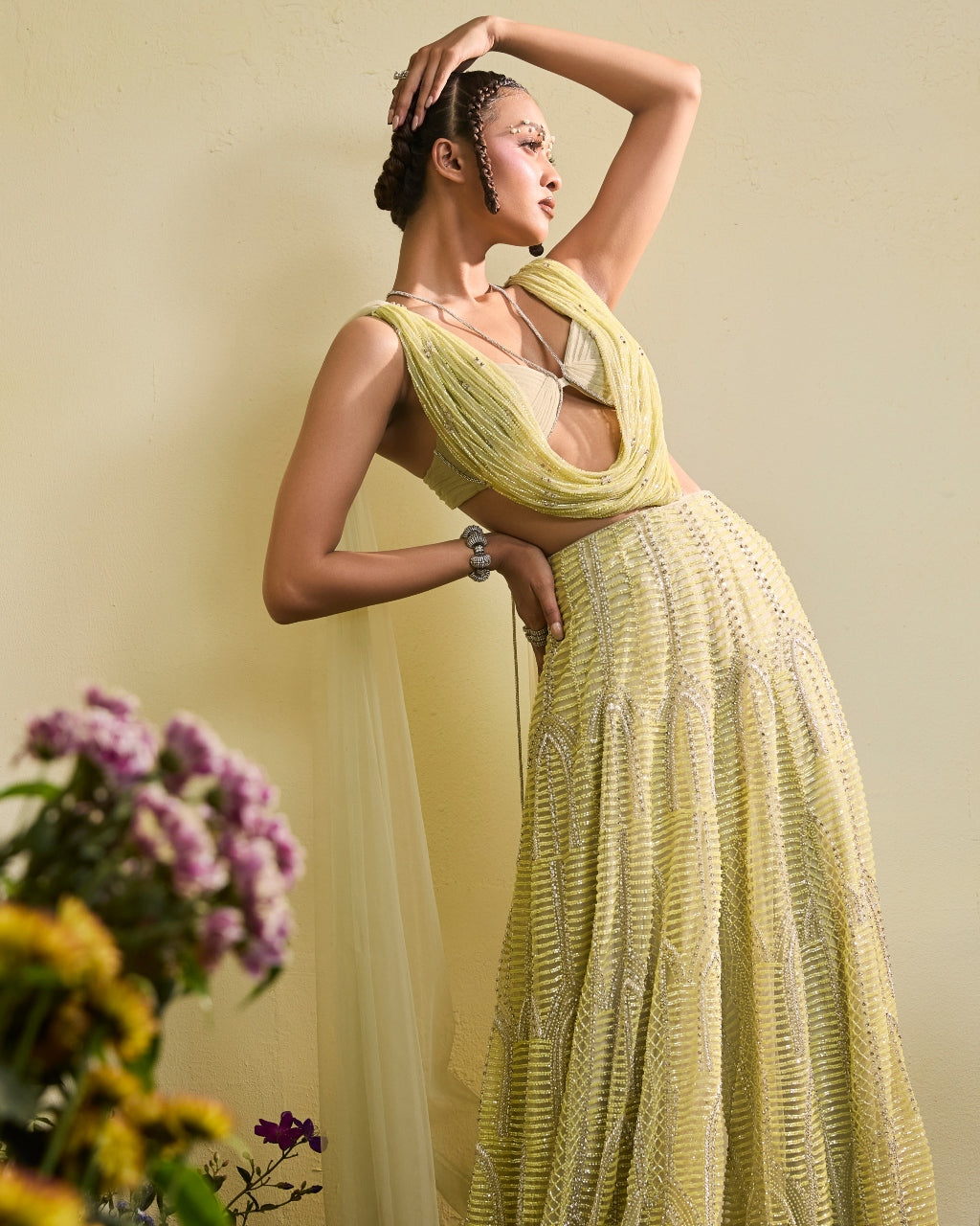 Mindaro Green Beaded Sharara With Cowl Blouse