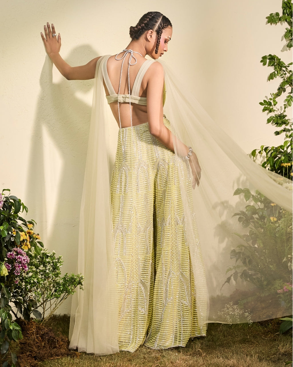 Mindaro Green Beaded Sharara With Cowl Blouse