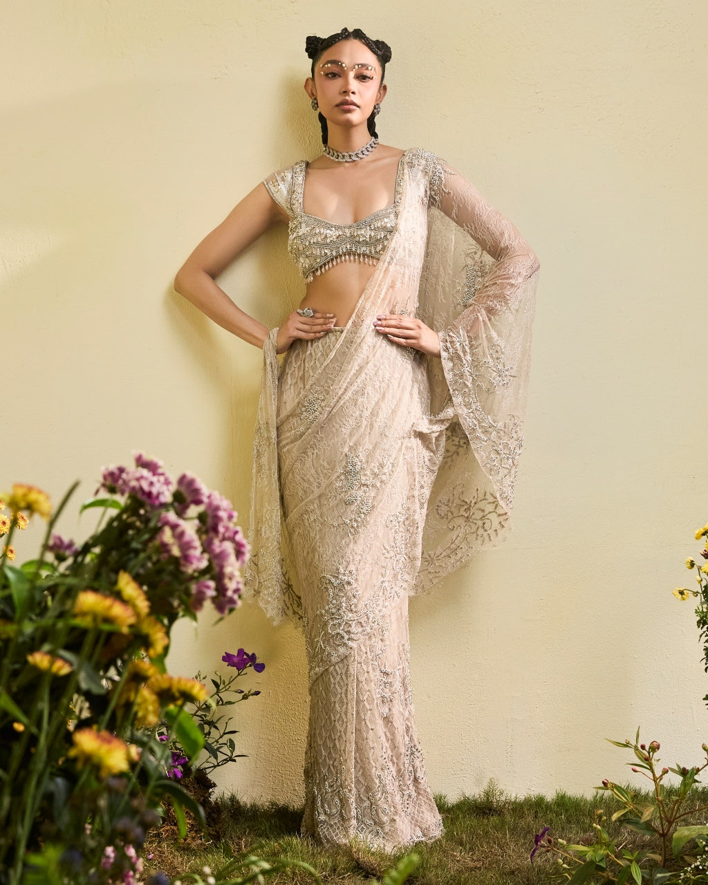 Nude Lace Draped Pre-stitched Sari With Beaded blouse