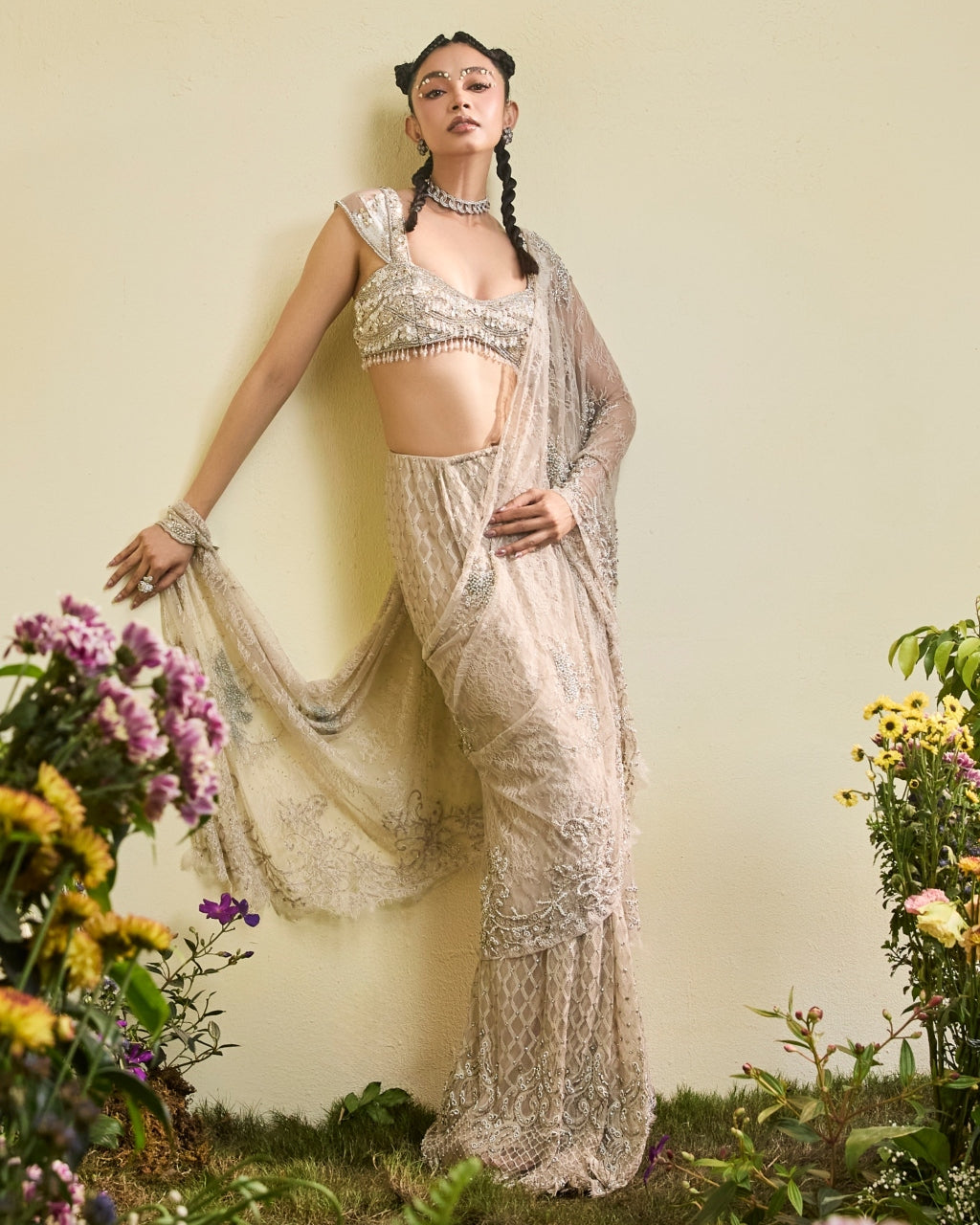 Nude Lace Draped Pre-stitched Sari With Beaded blouse