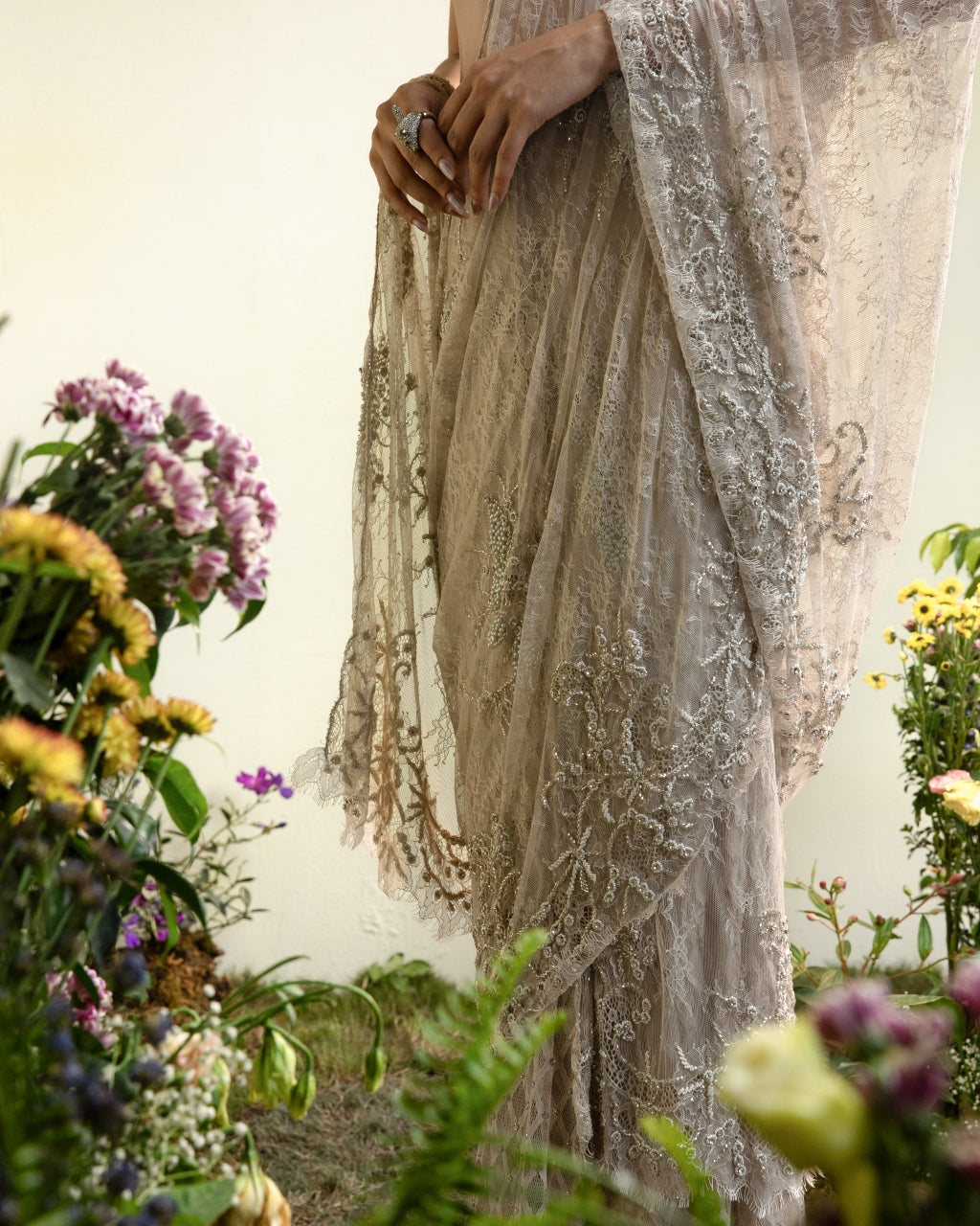 Nude Lace Draped Pre-stitched Sari With Beaded blouse