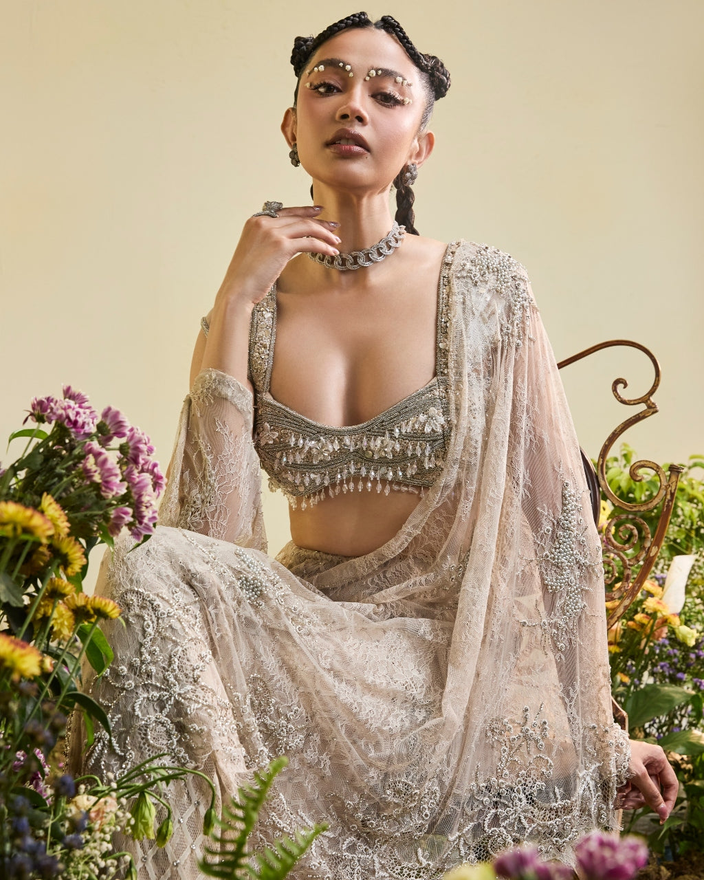 Nude Lace Draped Pre-stitched Sari With Beaded blouse