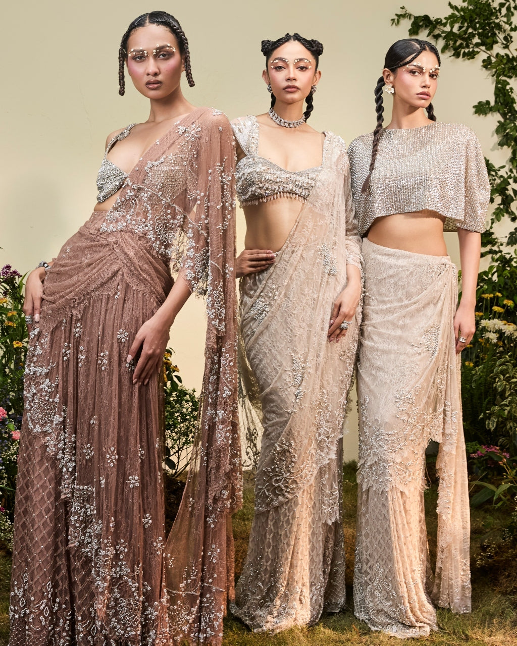 Nude Lace Draped Pre-stitched Sari With Beaded blouse