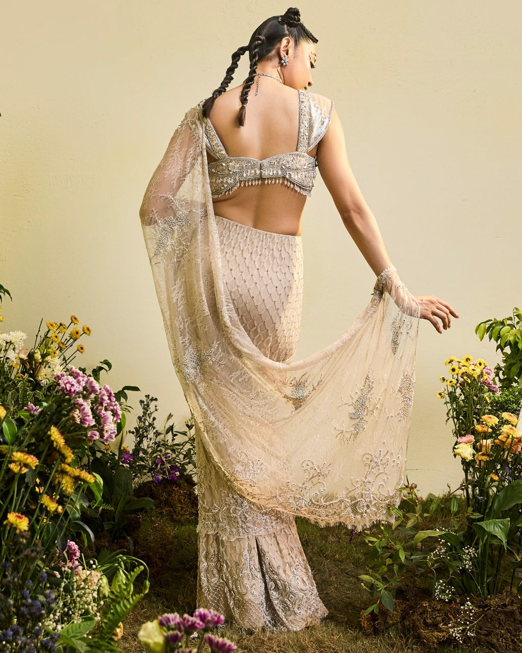 Nude Lace Draped Pre-stitched Sari With Beaded blouse