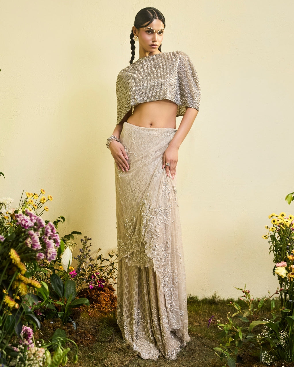 Nude Lace Draped Skirt With Embellished Cape