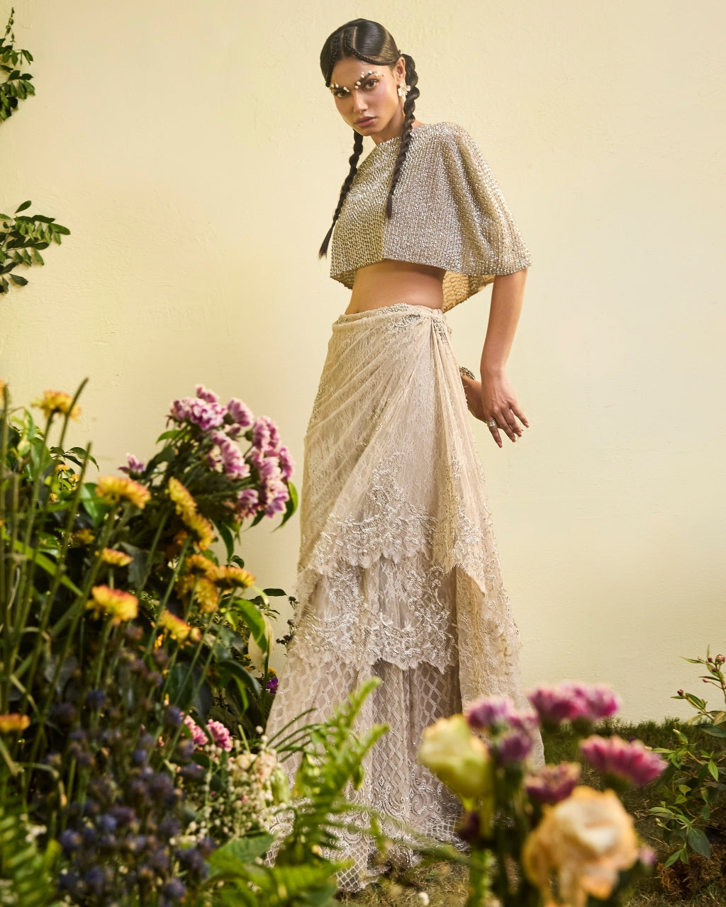 Nude Lace Draped Skirt With Embellished Cape