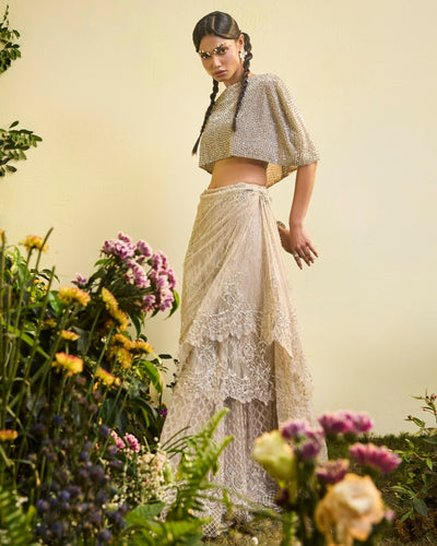 Nude Lace Draped Skirt With Embellished Cape