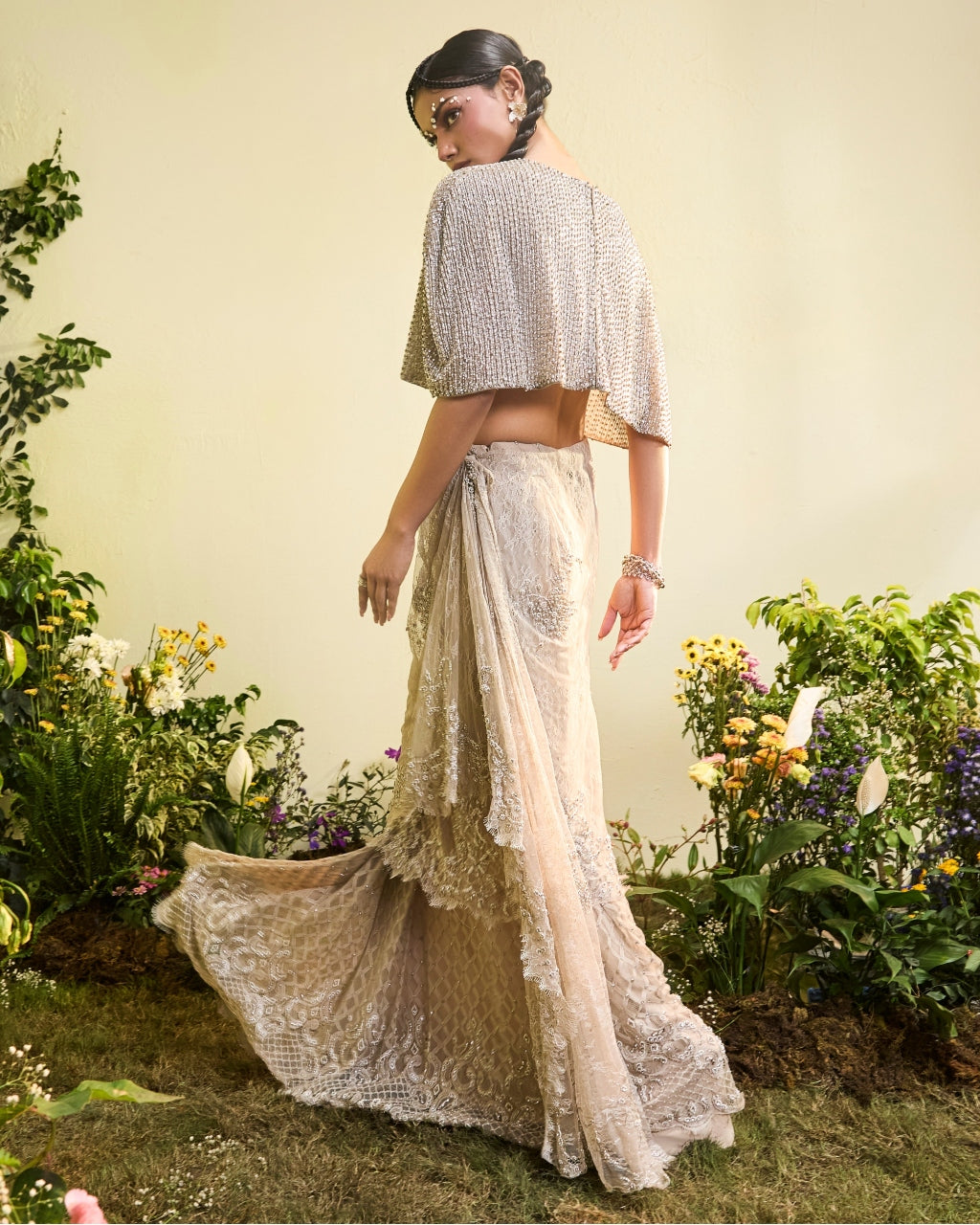 Nude Lace Draped Skirt With Embellished Cape