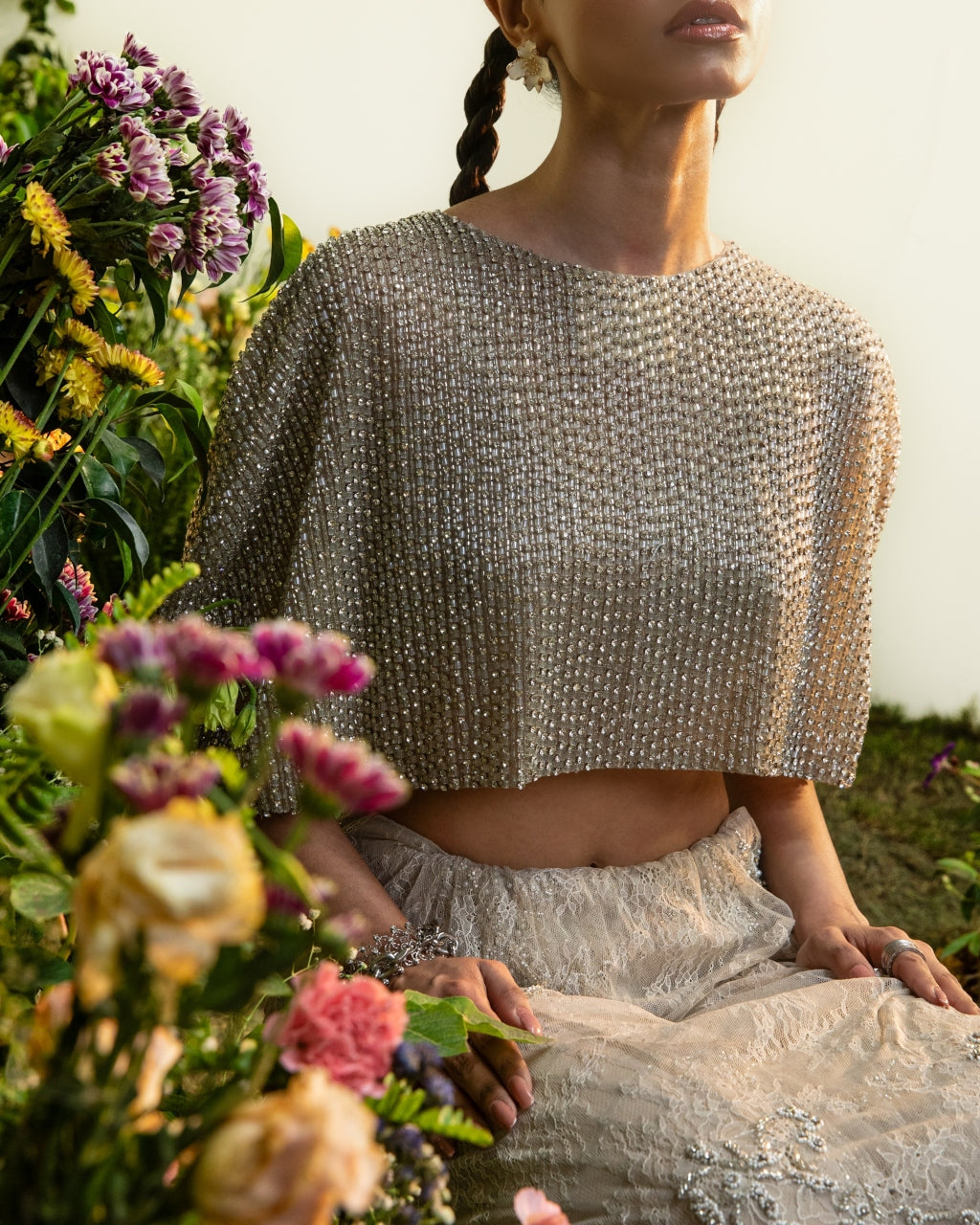 Nude Lace Draped Skirt With Embellished Cape