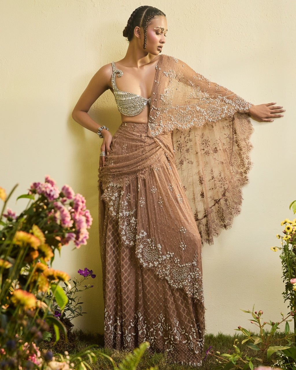 Coffee Brown Lace Pre-stitched Sari With Detachable Drape And Crystal Blouse