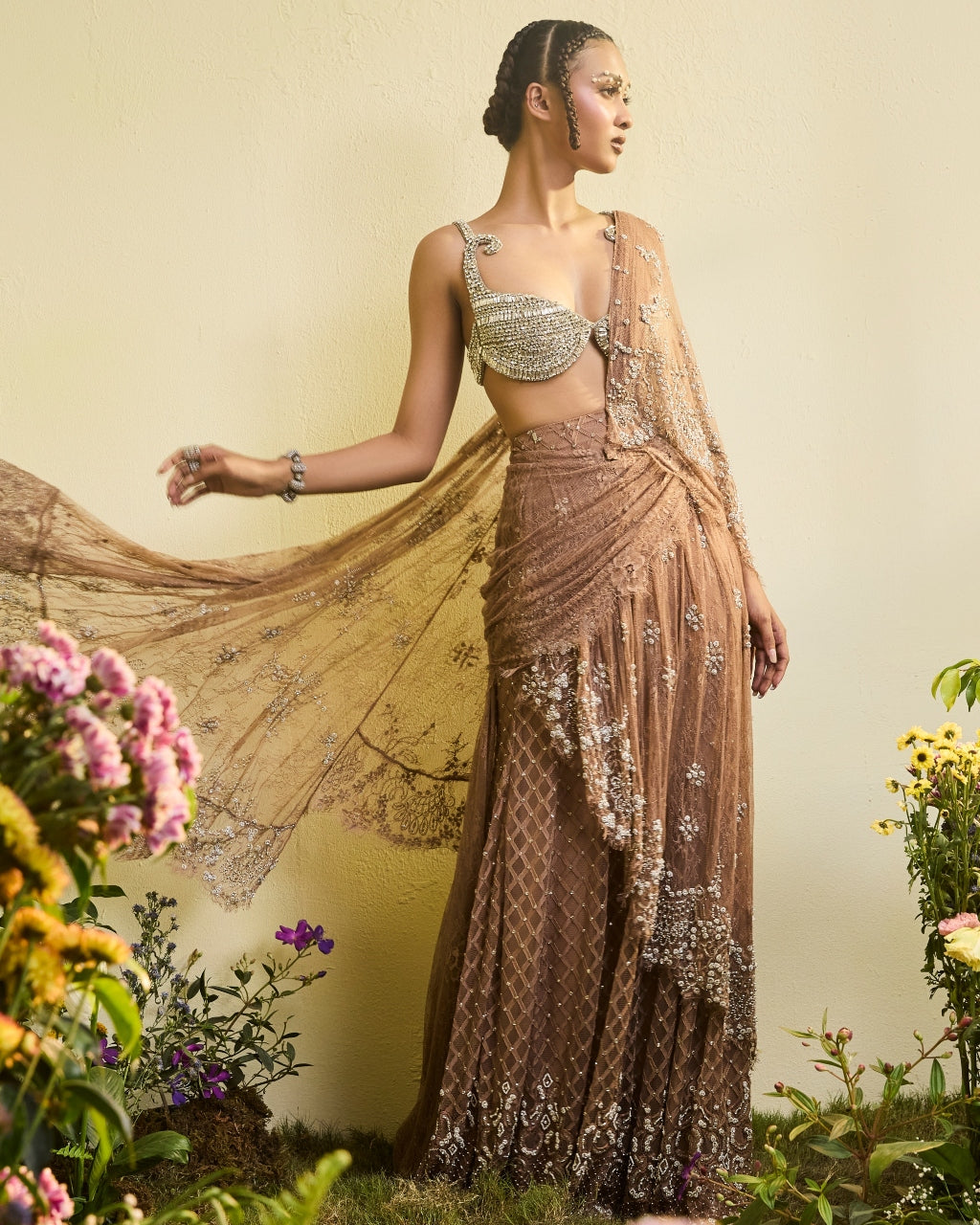 Coffee Brown Lace Pre-stitched Sari With Detachable Drape And Crystal Blouse