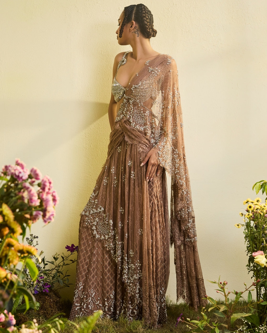 Coffee Brown Lace Pre-stitched Sari With Detachable Drape And Crystal Blouse