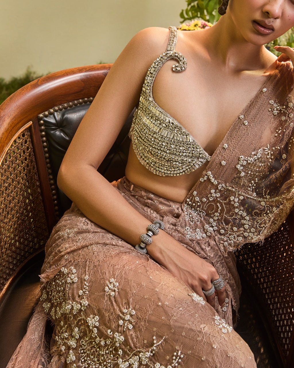 Coffee Brown Lace Pre-stitched Sari With Detachable Drape And Crystal Blouse