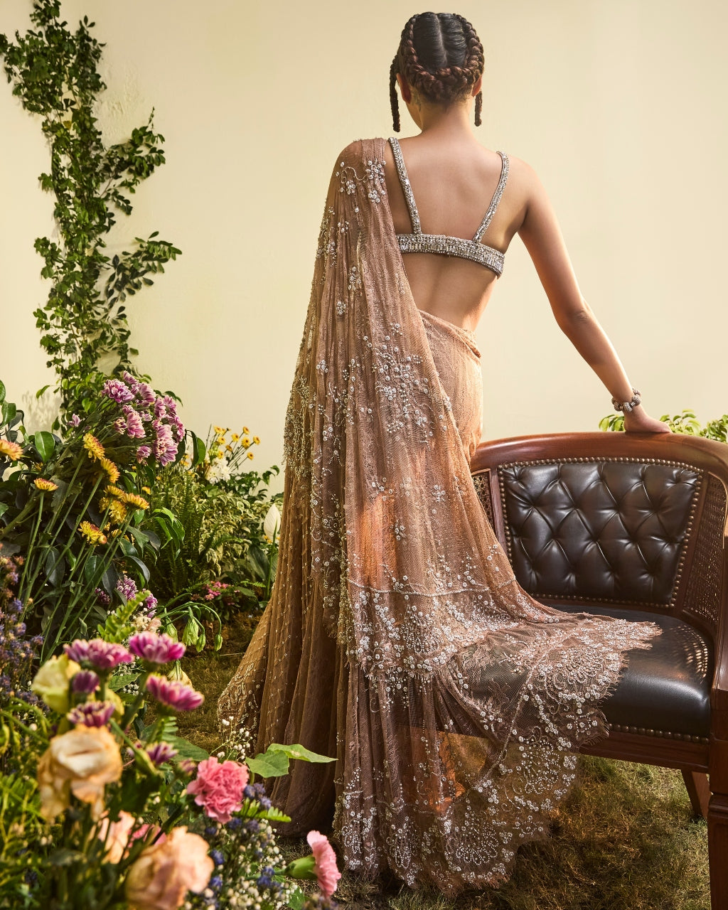 Coffee Brown Lace Pre-stitched Sari With Detachable Drape And Crystal Blouse