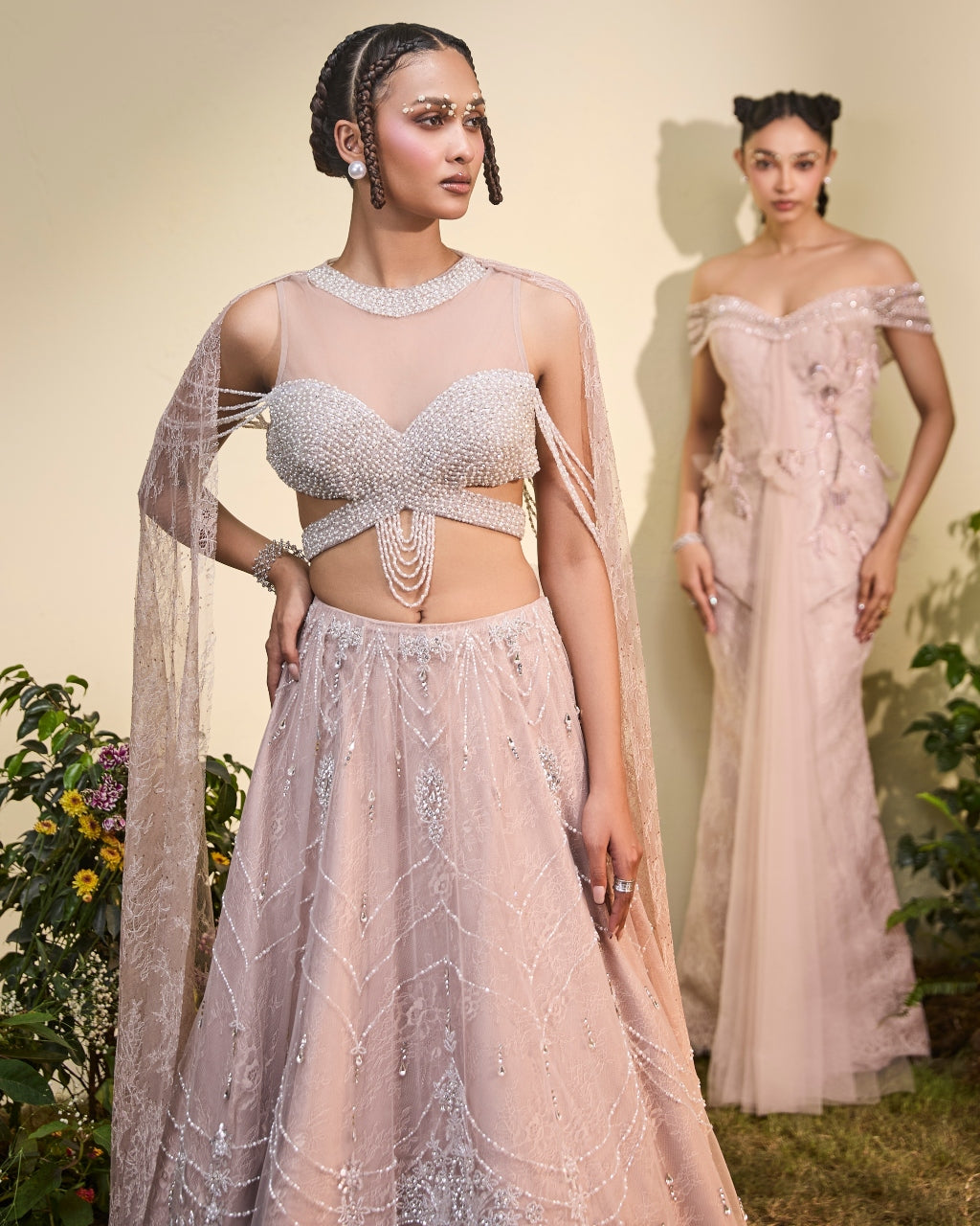 Old Rose Crystal Lehenga With Beaded Blouse