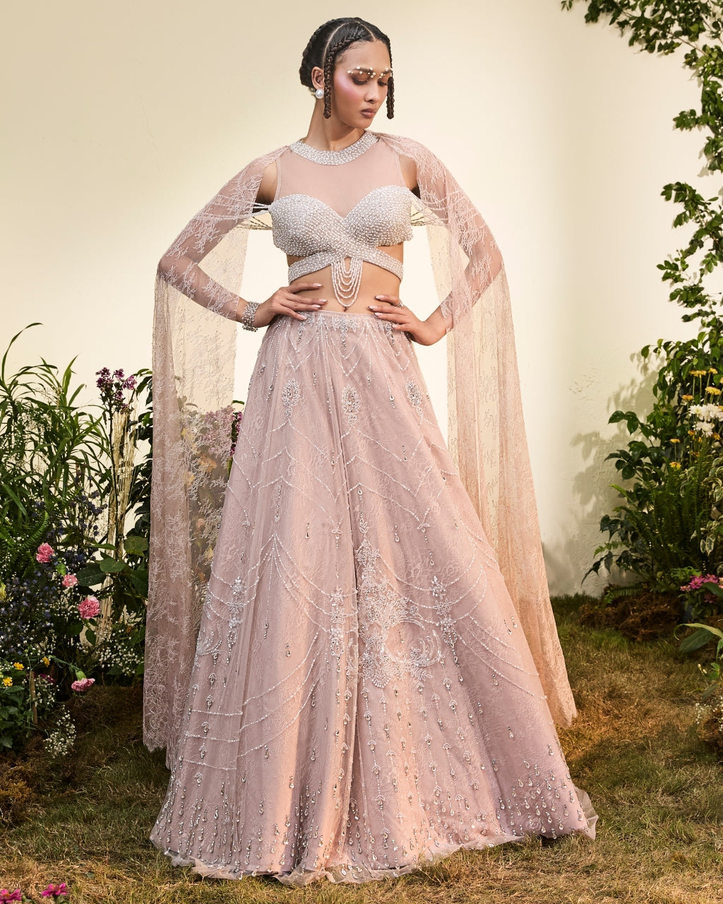 Old Rose Crystal Lehenga With Beaded Blouse