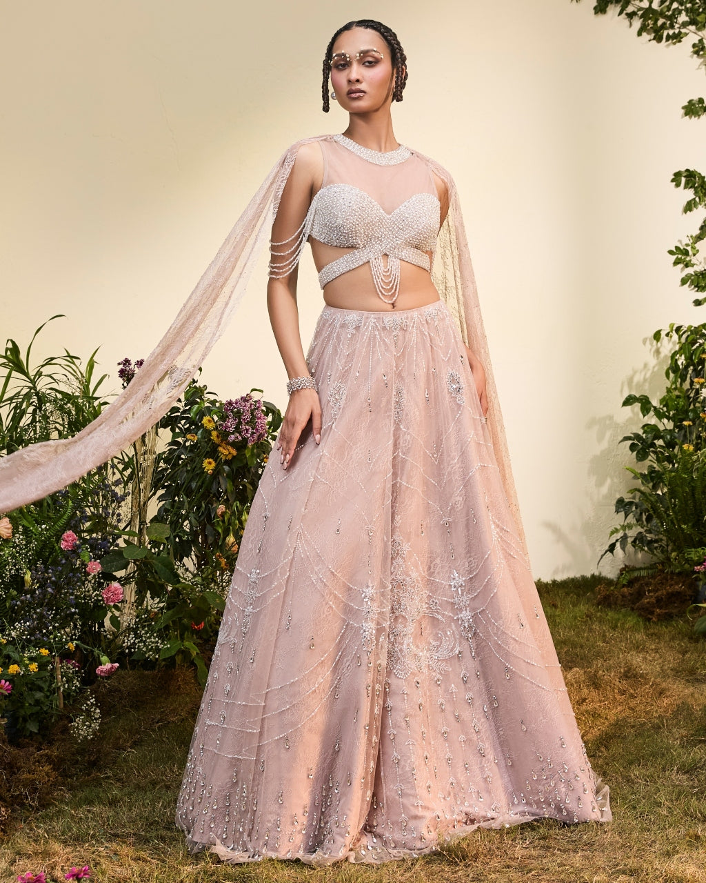 Old Rose Crystal Lehenga With Beaded Blouse
