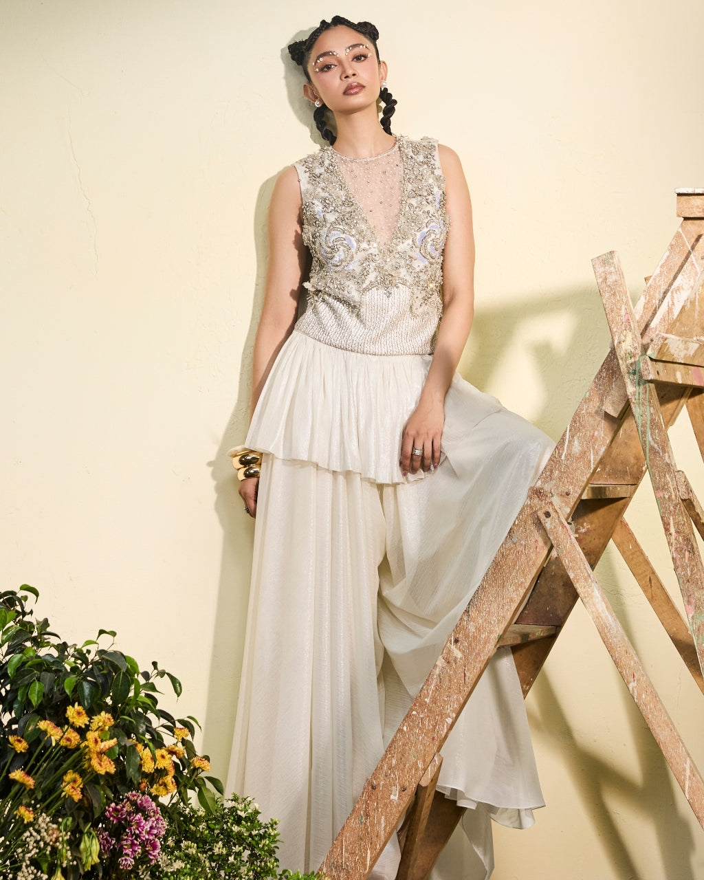 Ivory Chiffon Tunic With Wide Legged Pants