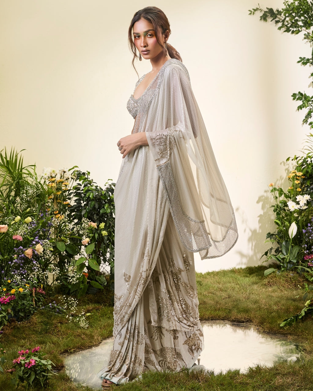 Ivory Chiffon Pre Stitched Chiffon Sari With Beaded Blouse