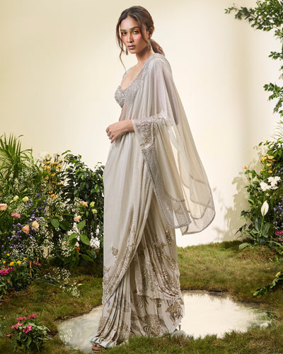 Ivory Chiffon Pre Stitched Chiffon Sari With Beaded Blouse