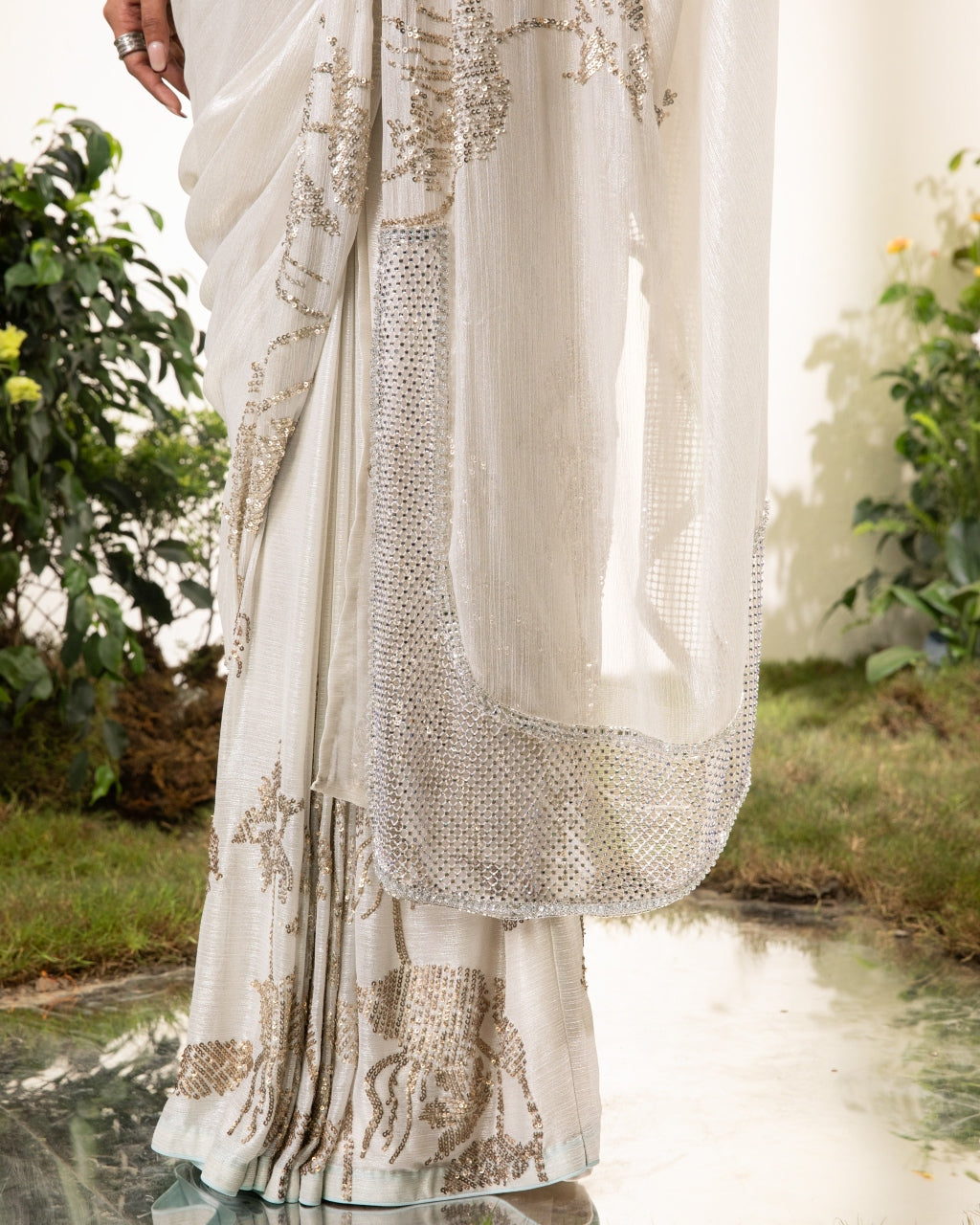 Ivory Chiffon Pre Stitched Chiffon Sari With Beaded Blouse