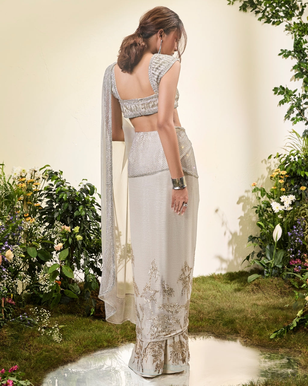 Ivory Chiffon Pre Stitched Chiffon Sari With Beaded Blouse