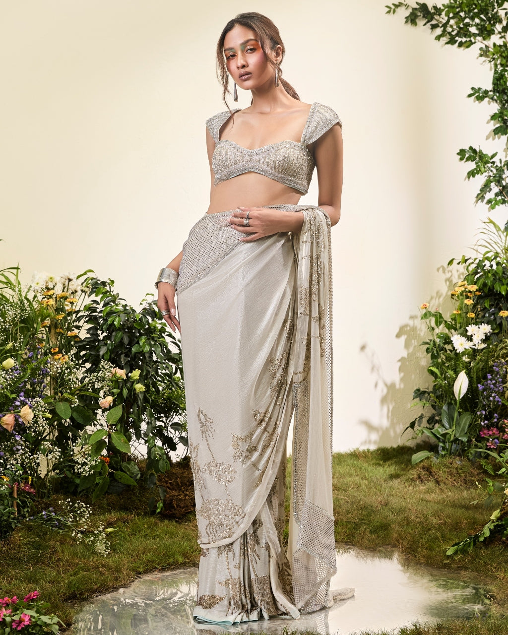 Ivory Chiffon Pre Stitched Chiffon Sari With Beaded Blouse