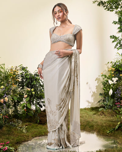 Ivory Chiffon Pre Stitched Chiffon Sari With Beaded Blouse