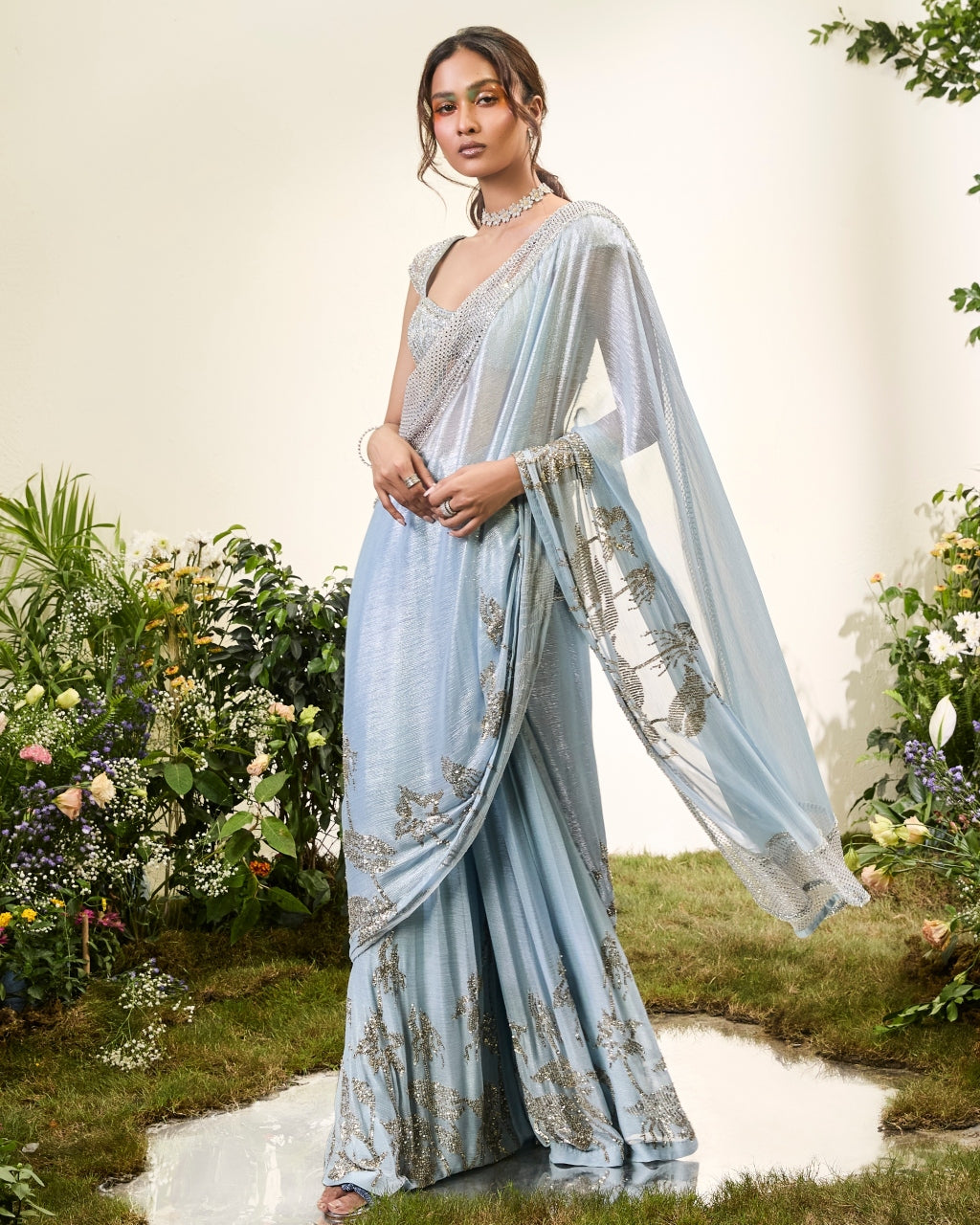 Powder Blue Chiffon Pant Sari With Beaded Blouse