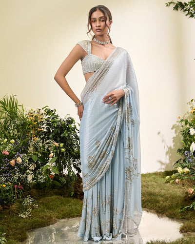 Powder Blue Chiffon Pant Sari With Beaded Blouse