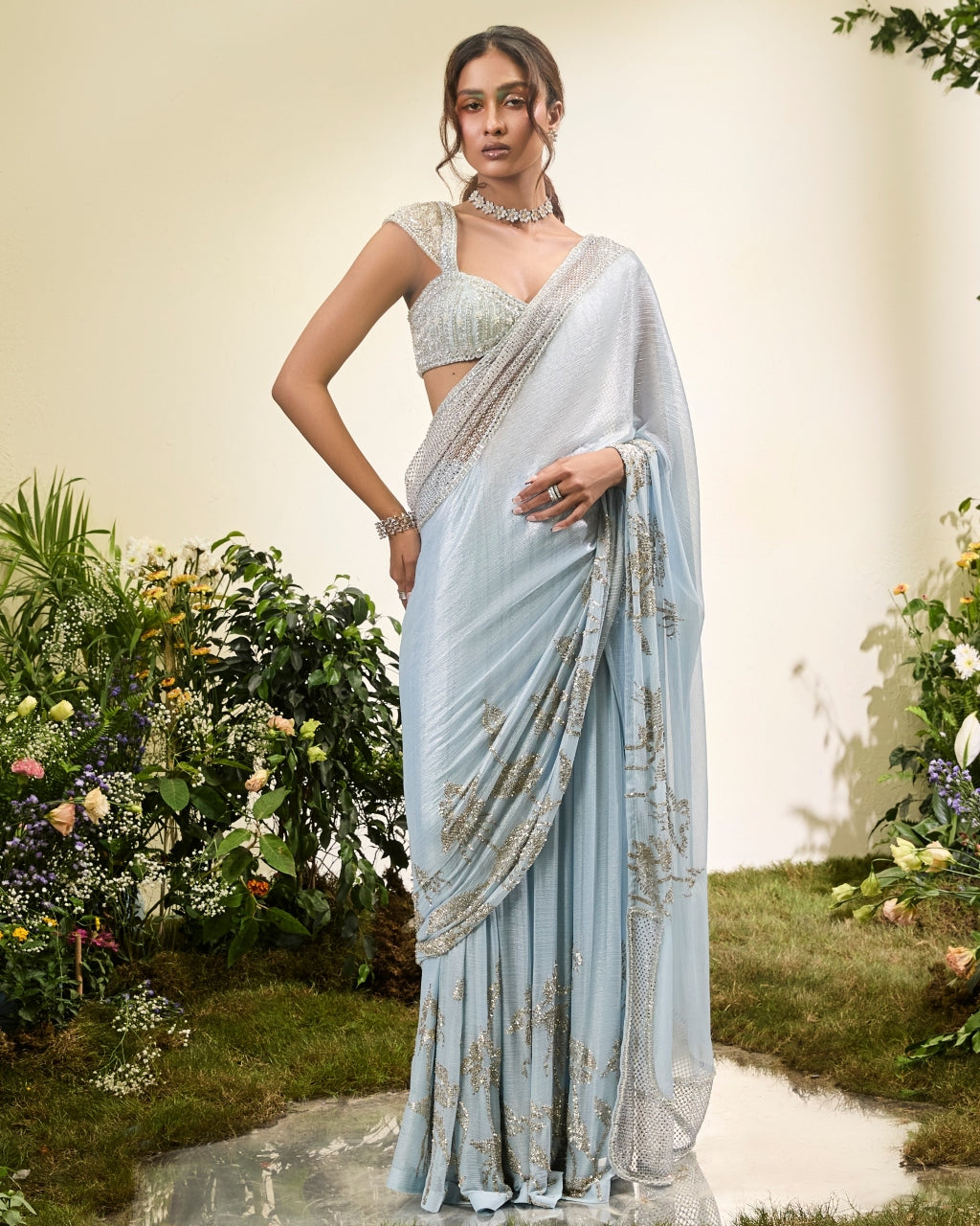 Powder Blue Chiffon Pant Sari With Beaded Blouse