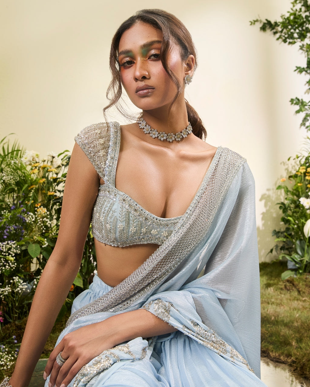 Powder Blue Chiffon Pant Sari With Beaded Blouse