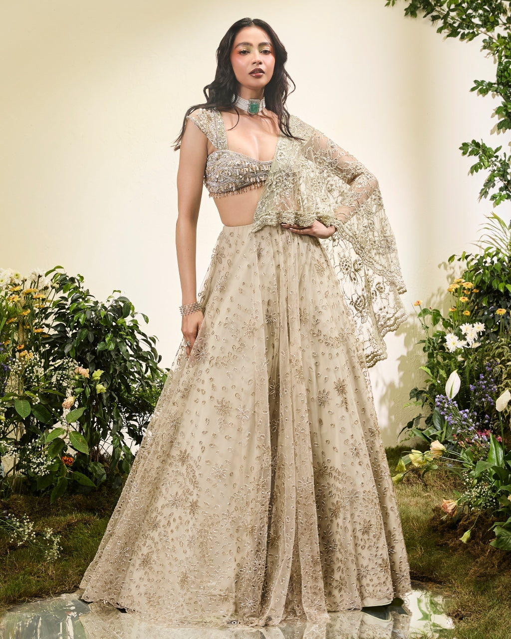 Mint Green Cutwork Lehenga Sari With Lace Aanchal Beaded Blouse