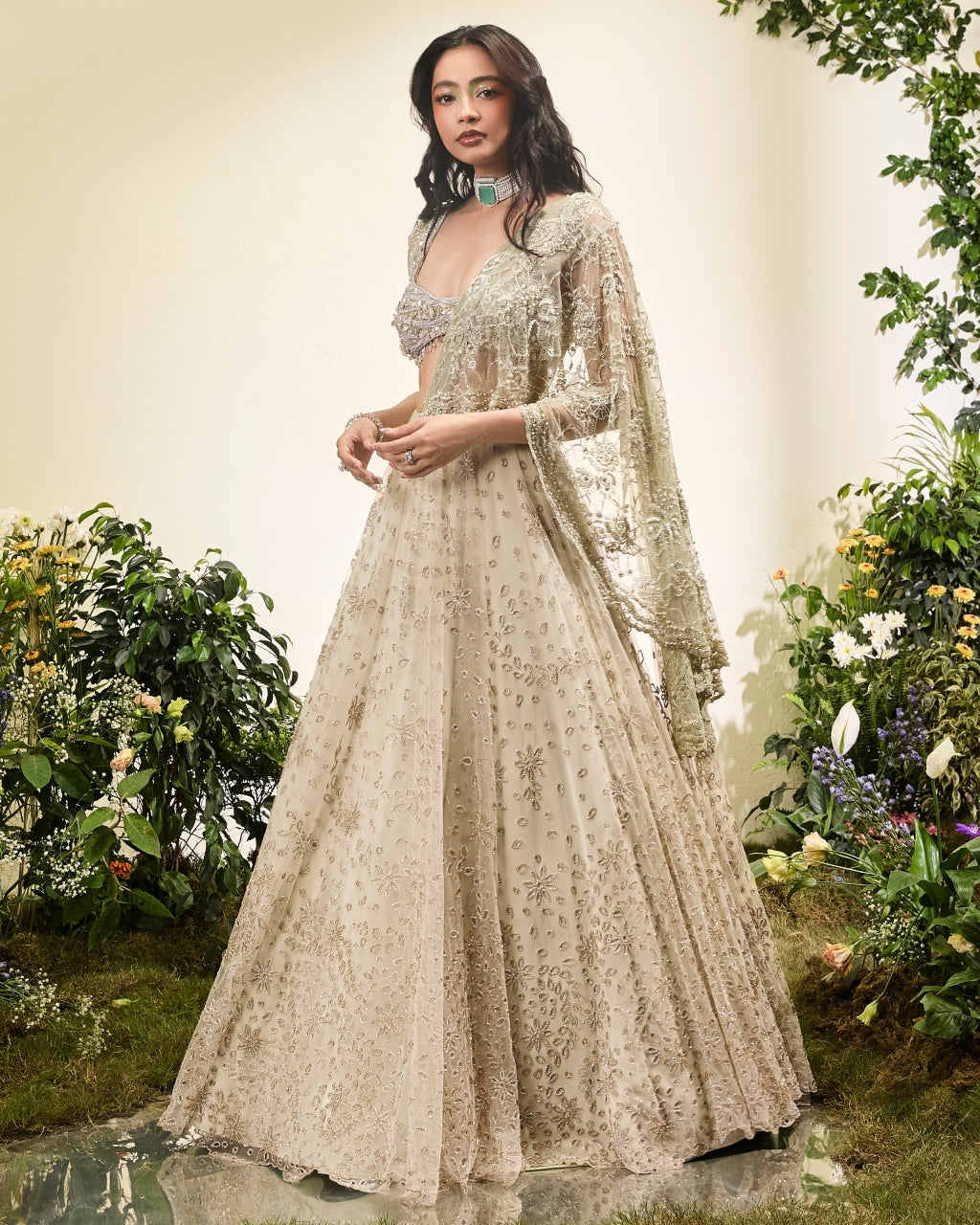 Mint Green Cutwork Lehenga Sari With Lace Aanchal Beaded Blouse