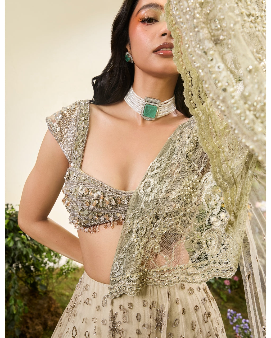 Mint Green Cutwork Lehenga Sari With Lace Aanchal Beaded Blouse