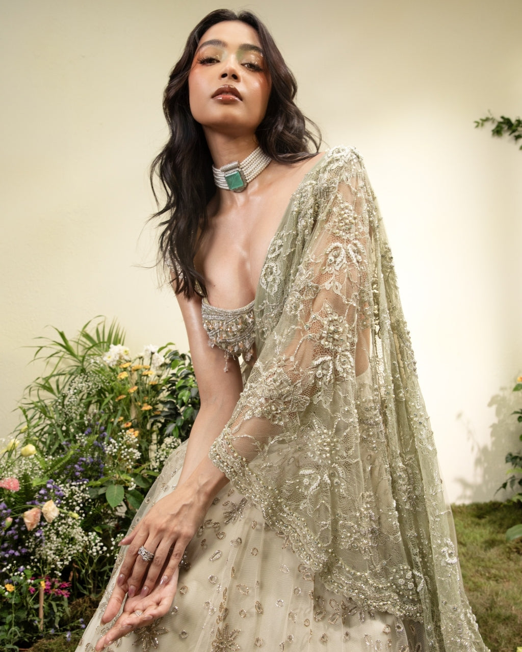 Mint Green Cutwork Lehenga Sari With Lace Aanchal Beaded Blouse