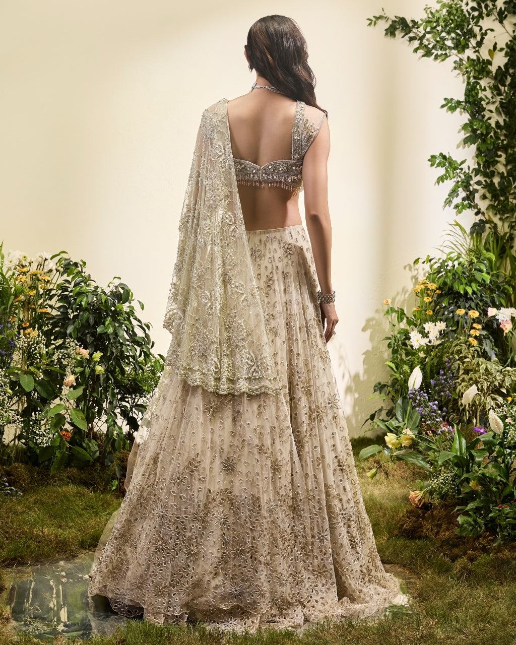 Mint Green Cutwork Lehenga Sari With Lace Aanchal Beaded Blouse