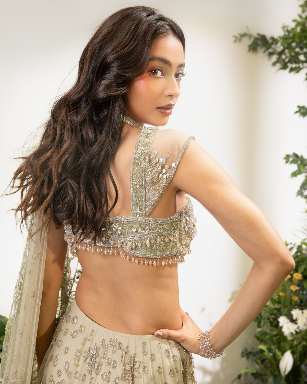 Mint Green Cutwork Lehenga Sari With Lace Aanchal Beaded Blouse