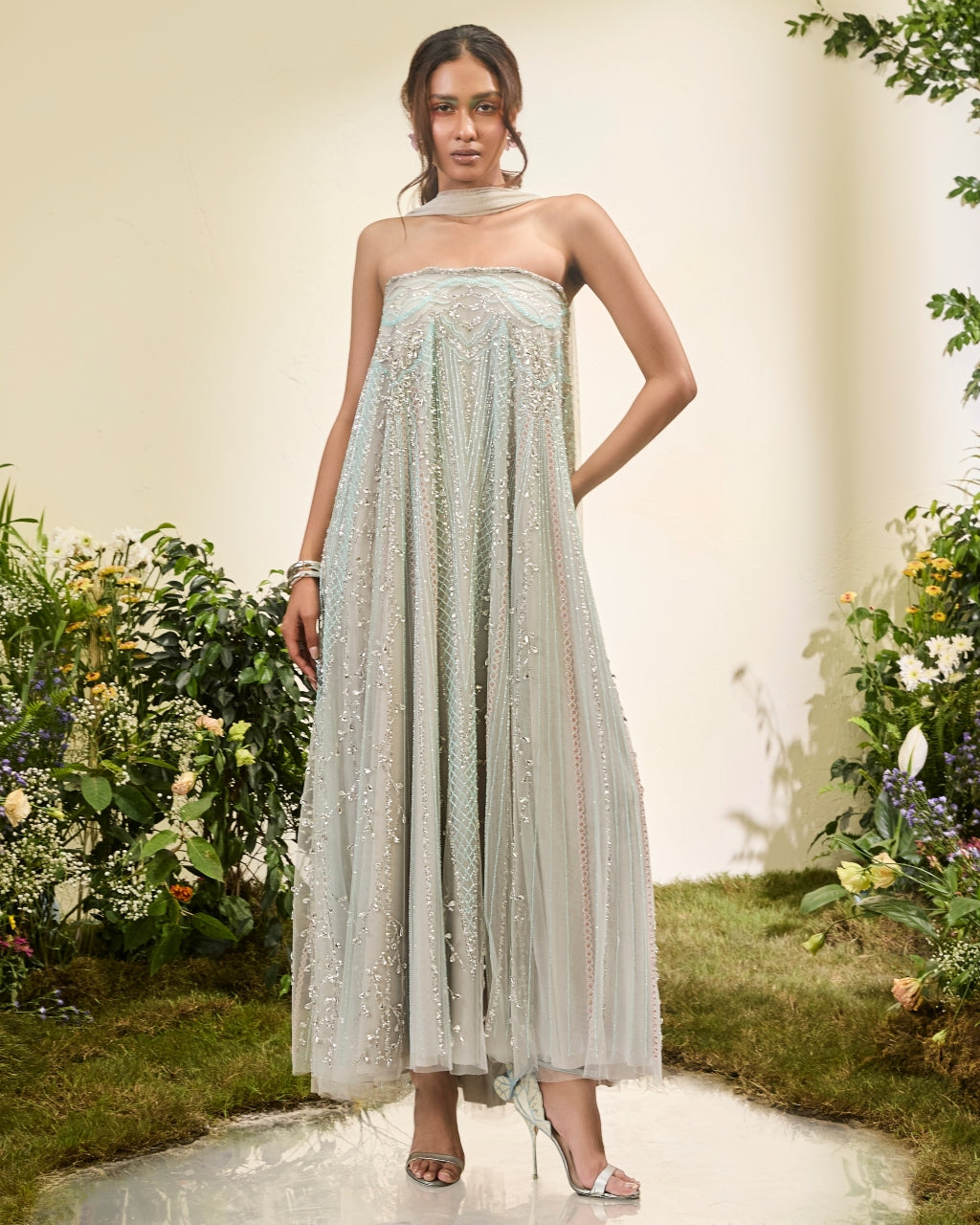 Multicolour Embellished Dress With Stole