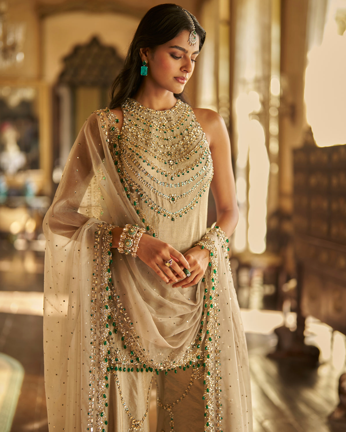 Champagne Emerald Crystal Sharara Set