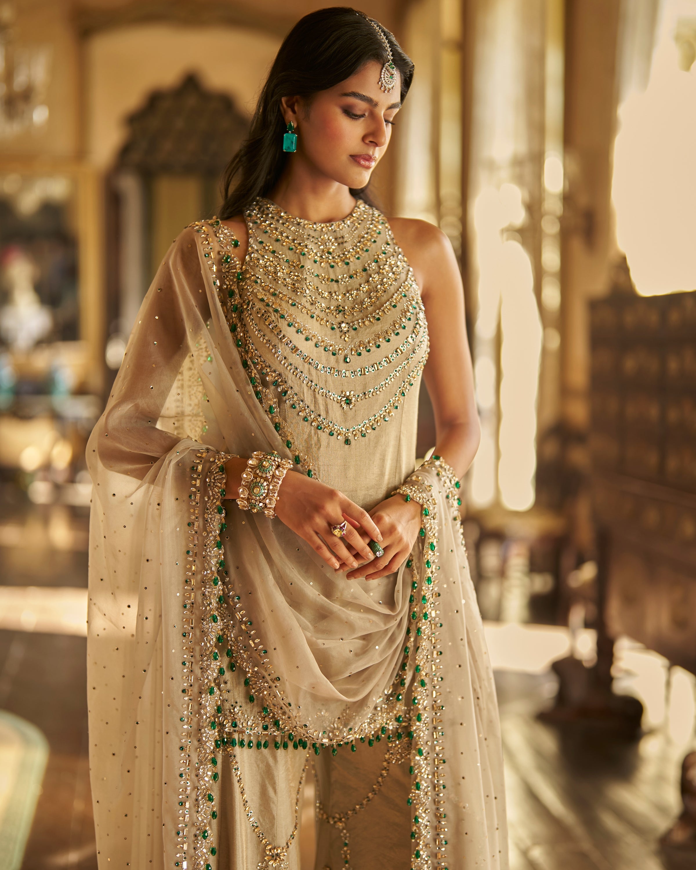 Champagne Emerald Crystal Sharara Set