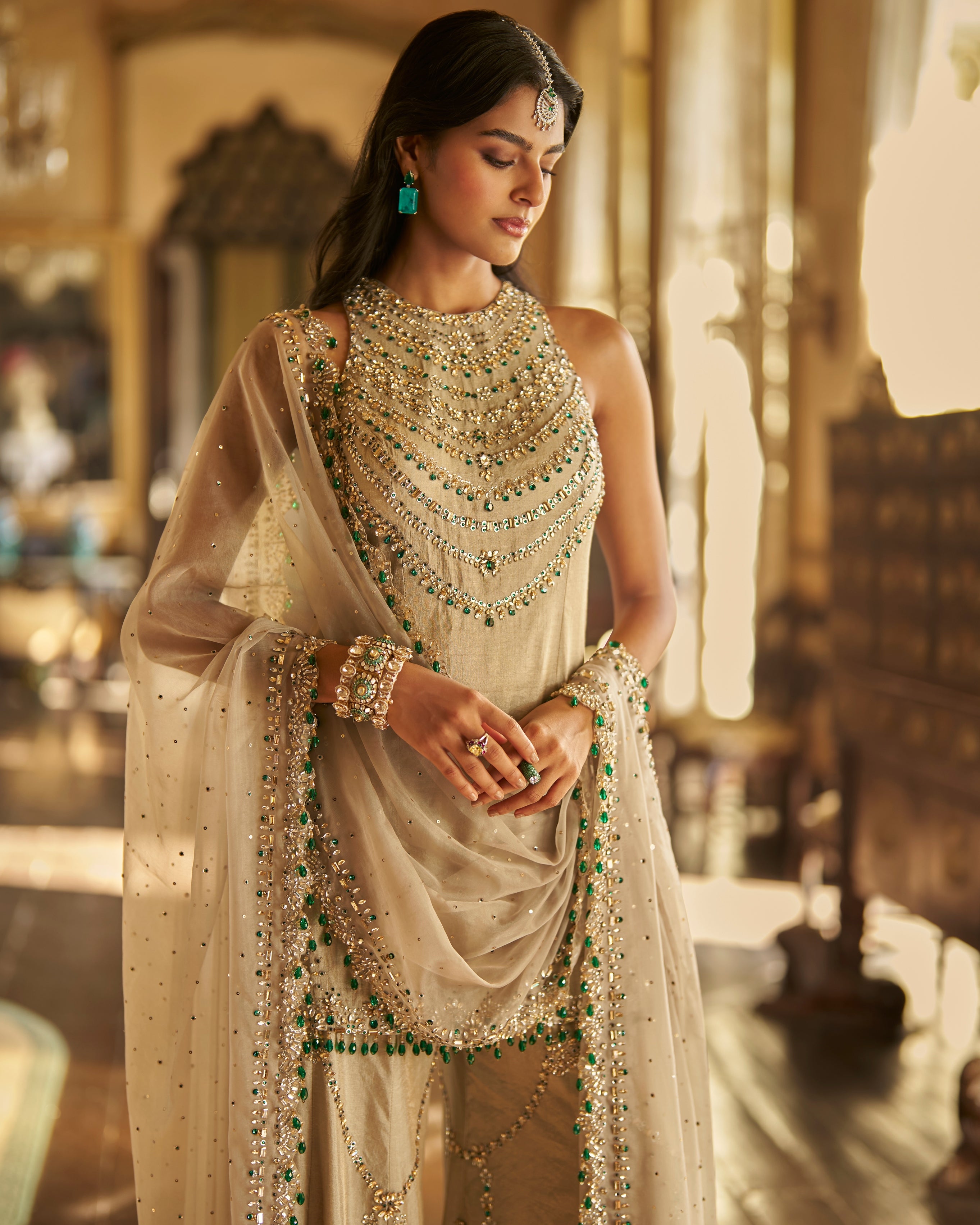 Champagne Emerald Crystal Sharara Set