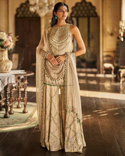 Champagne Emerald Crystal Sharara Set