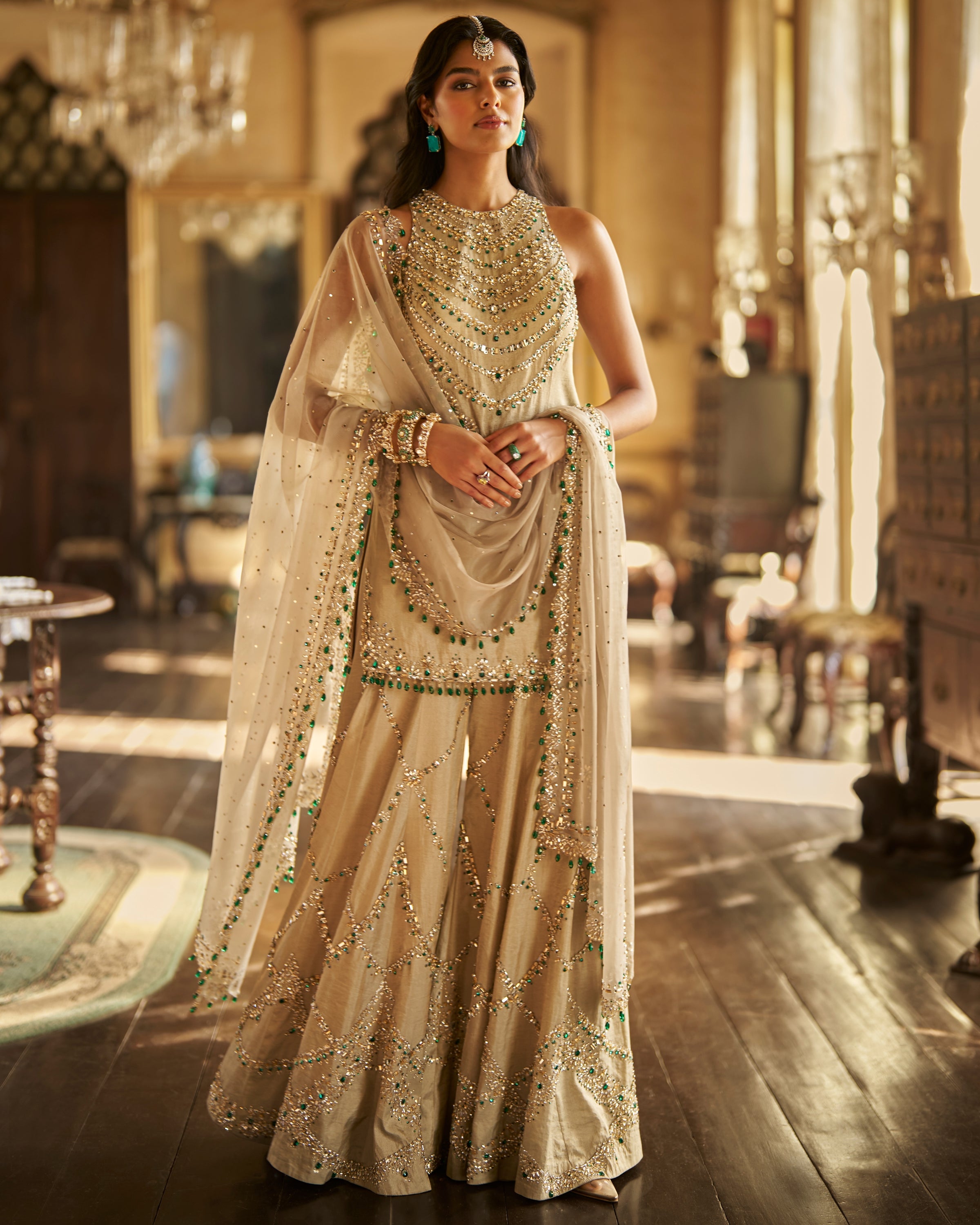 Champagne Emerald Crystal Sharara Set