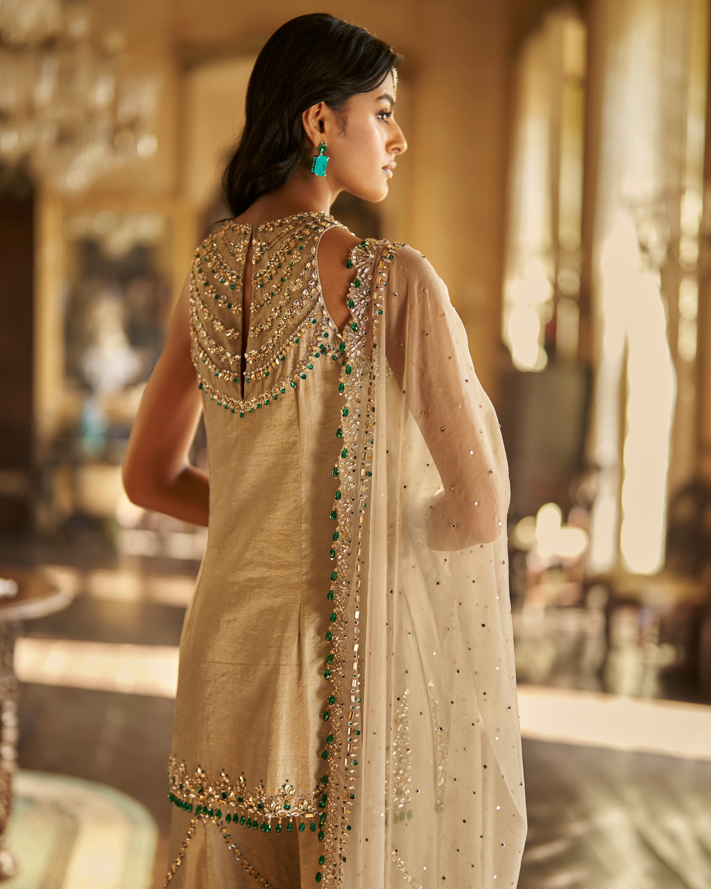 Champagne Emerald Crystal Sharara Set