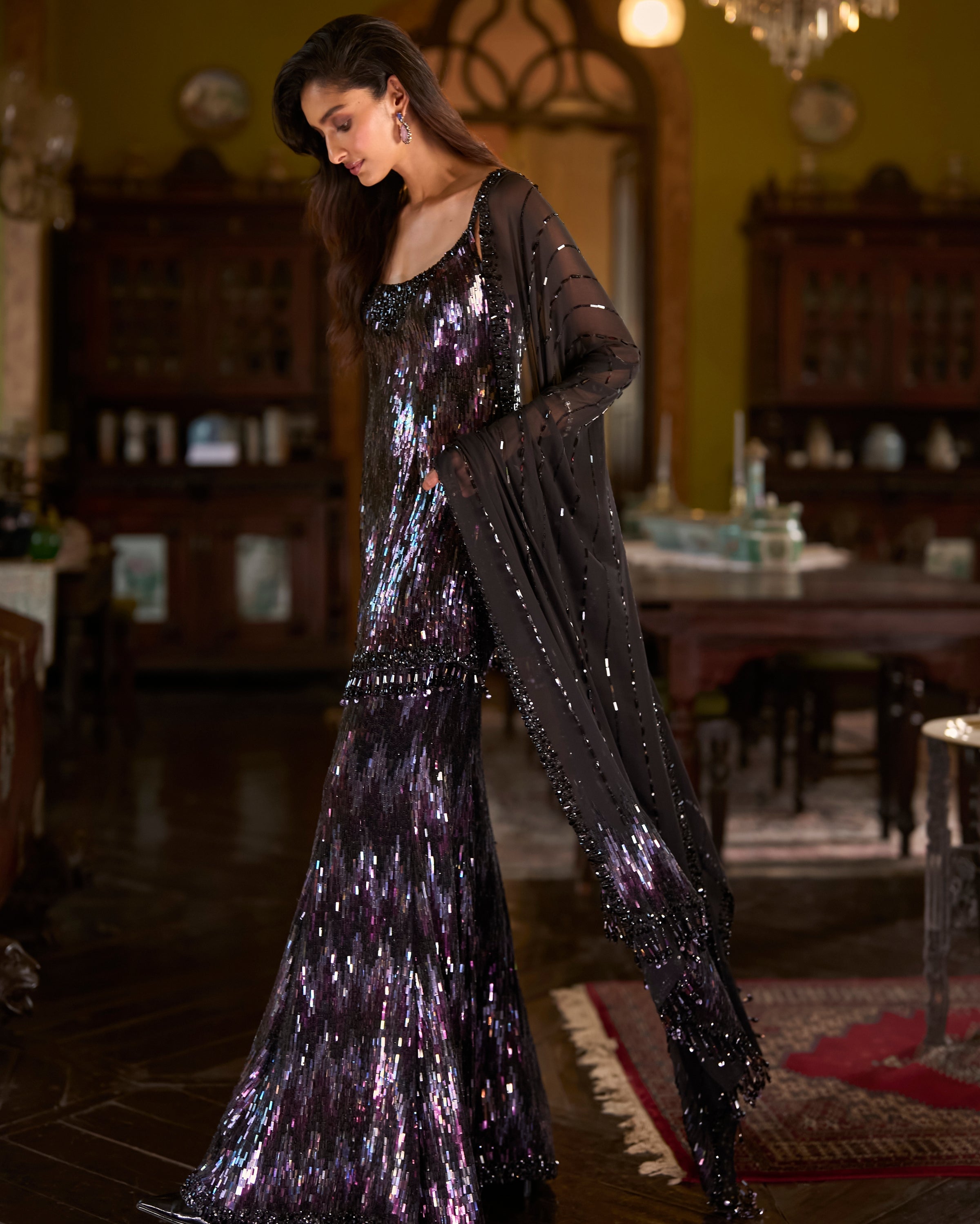Black Multi-Coloured Sequin Sharara Set