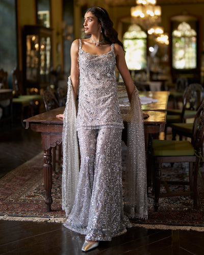 Silver Sequin Sharara Set
