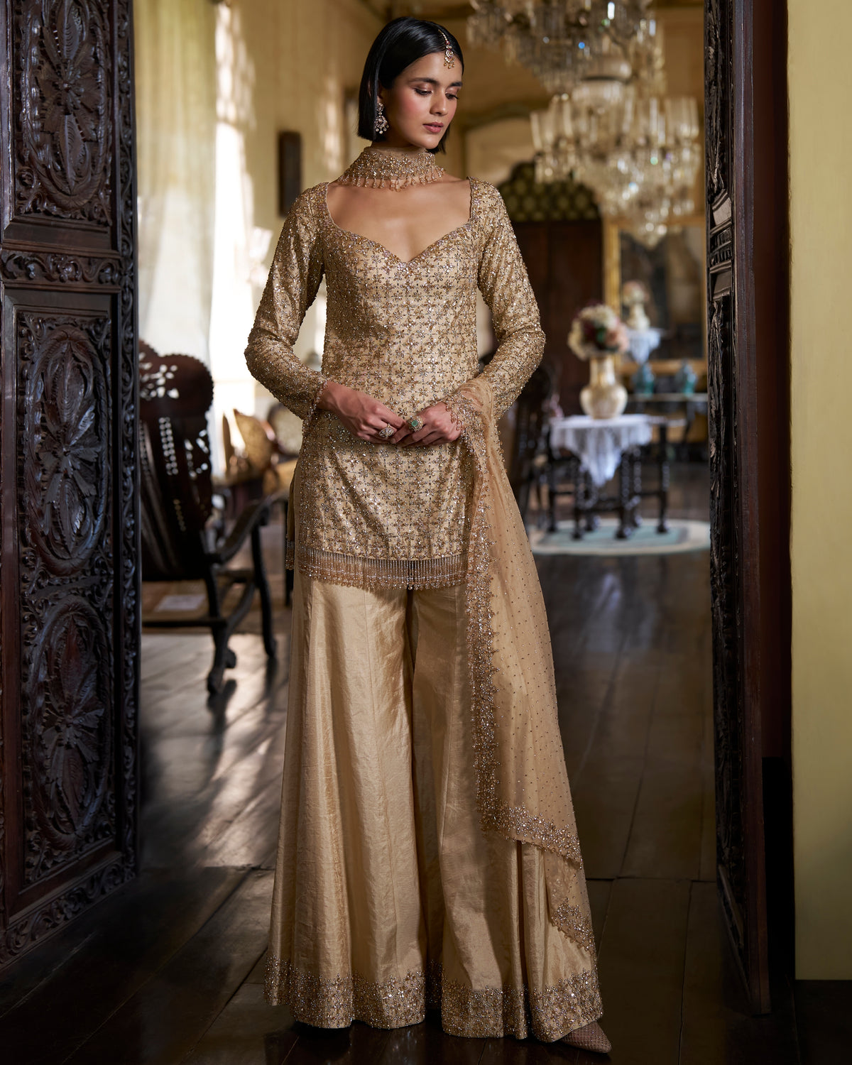 Gold Crystal Sharara Set